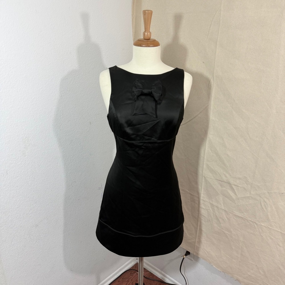 Bebe Black Satin Bow Front V-Back Mini Dress Sleeveless Size M Made in USA